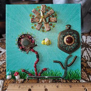 Jewelry Collage Flowers. Upcycled Bracelet, Necklace & Bead. 6x6" with easel.